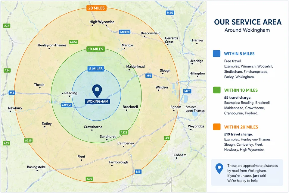 Ask Steve service area map showing approximate 5, 10 and 20 mile travel zones around Wokingham, with example nearby towns and travel charges